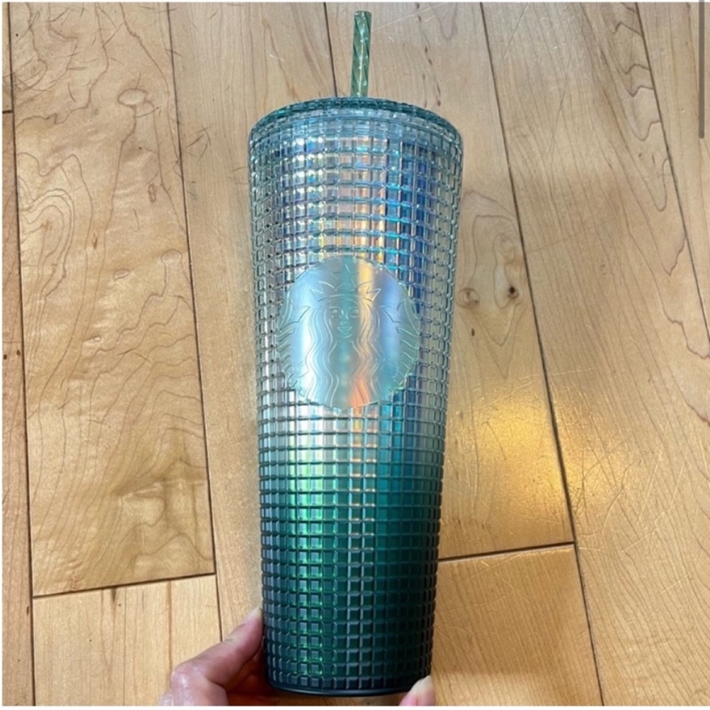 NWT Starbucks Ombre Disco Green Grid Gradient 24 oz Tumbler w lid and Straw